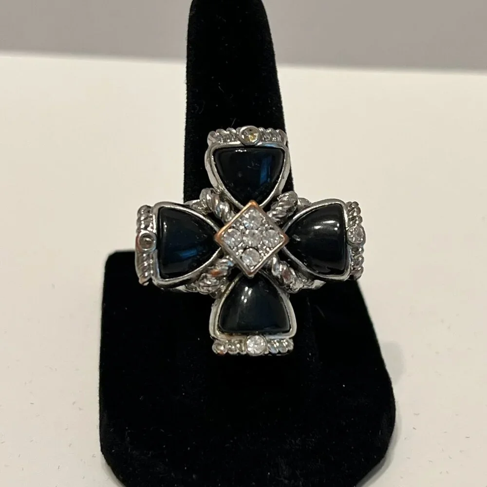 Large Silver & Black Cross w/Rhinestones‎ Stretch Statement Ring
